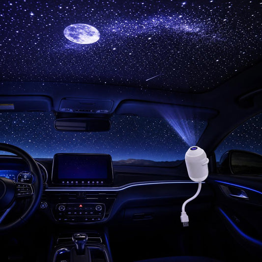 Galaxy roof projector lighting a car ceiling with stars